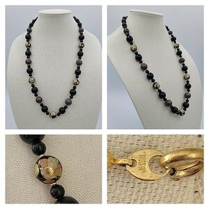Vintage Necklace Handpainted Japan Black Purple Floral Necklace #581